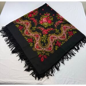 Vintage Floral Square Shawl / Decorative Textile | Black with Fringe | 54” x 54”